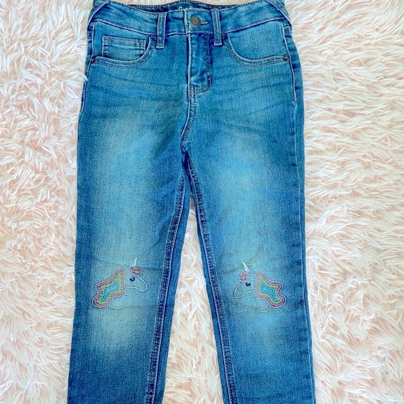 Cat & Jack Girls Unicorn Embroidered Knees Denim Blue Jeans Snap & Zip 6x - Picture 5 of 7